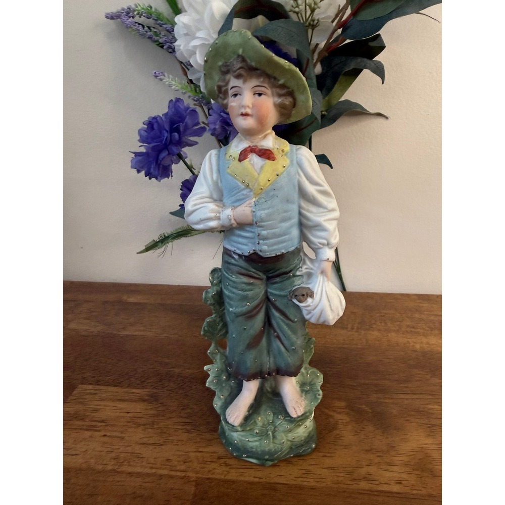 Vintage Bisque Porcelain Boy with Puppy Figurine Hand Painted Gold Accents